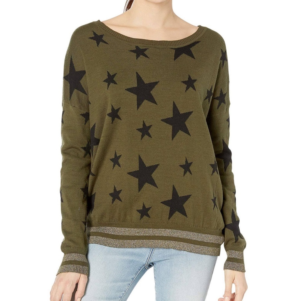 Chaser Cashmere Blend Military Stars Green Black Crewneck Sweater‎ Size Small S